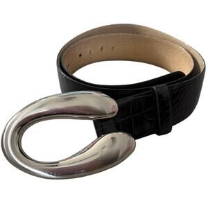 Croc Embossed Belt Silver Oval Buckle Faux Leather Statement Black Mob Wife S